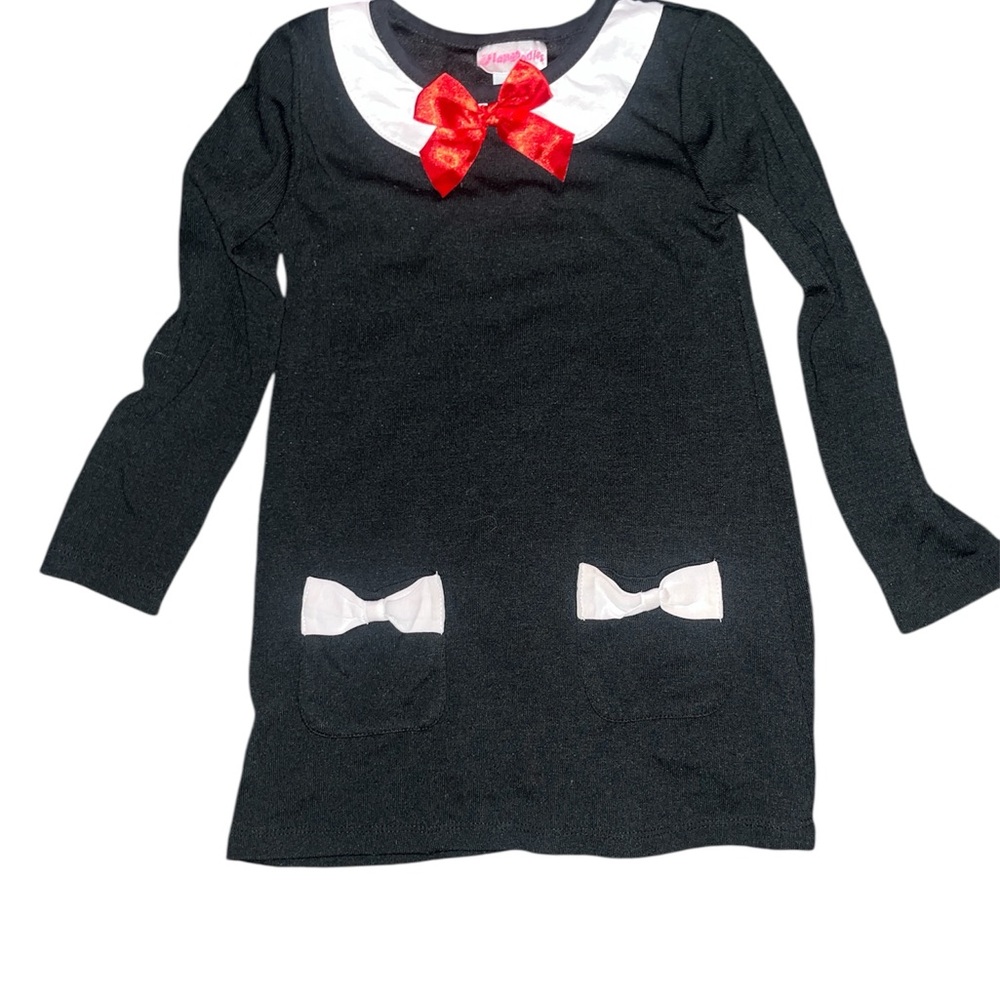 Flapdoodles Black Dress with Red Bow and White Details
